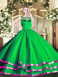 Customized Sleeveless Organza Floor Length Zipper Quince Ball Gowns in Green with Beading and Ruffled Layers