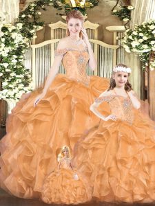 Stylish Orange Red Lace Up Off The Shoulder Beading and Ruffles Quince Ball Gowns Tulle Sleeveless