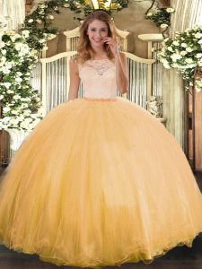 Gold Ball Gowns Scoop Sleeveless Tulle Floor Length Clasp Handle Lace 15th Birthday Dress