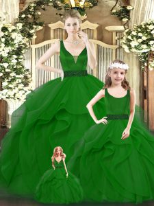Affordable Green Quinceanera Gowns Military Ball and Sweet 16 and Quinceanera with Ruffles V-neck Sleeveless Zipper