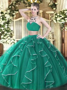 Attractive Turquoise Backless Quinceanera Dress Beading and Ruffles Sleeveless Floor Length