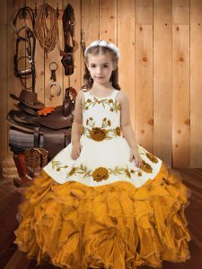 Gold Straps Zipper Embroidery and Ruffles Kids Formal Wear Sleeveless