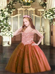 Eye-catching Rust Red Ball Gowns Appliques Little Girls Pageant Gowns Lace Up Tulle Sleeveless Floor Length
