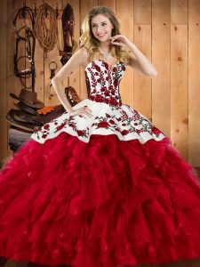 Excellent Wine Red Lace Up Quinceanera Gown Embroidery and Ruffles Sleeveless Floor Length