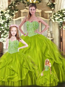Elegant Olive Green Sweetheart Neckline Beading and Ruffles 15 Quinceanera Dress Sleeveless Lace Up