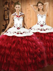 Low Price Embroidery and Ruffled Layers 15th Birthday Dress Wine Red Lace Up Sleeveless Floor Length