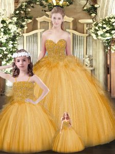 Gold Ball Gowns Tulle Sweetheart Sleeveless Beading and Ruffles Floor Length Lace Up Quinceanera Dress