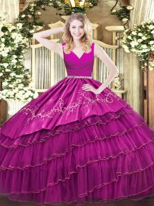 On Sale Sleeveless Zipper Floor Length Embroidery and Ruffled Layers Sweet 16 Dresses