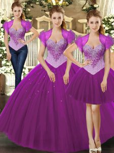 Sleeveless Floor Length Beading Lace Up Sweet 16 Dress with Fuchsia