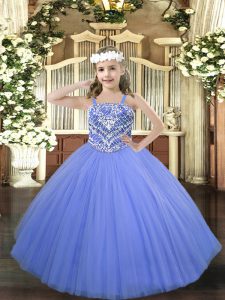 Blue Lace Up Straps Beading Little Girls Pageant Dress Tulle Sleeveless