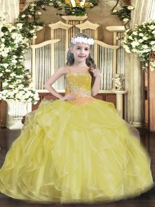 Custom Fit Gold Ball Gowns Organza Straps Sleeveless Beading and Ruffles Floor Length Lace Up Girls Pageant Dresses