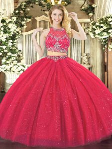 Custom Designed Tulle Scoop Sleeveless Zipper Beading Quinceanera Gowns in Coral Red