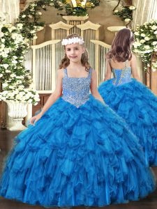 Attractive Straps Sleeveless Lace Up Girls Pageant Dresses Baby Blue Tulle