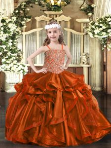 Affordable Straps Sleeveless Lace Up Little Girls Pageant Gowns Rust Red Organza
