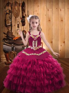 Fuchsia Sleeveless Embroidery and Ruffled Layers Floor Length Pageant Dress Wholesale