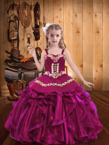 Fuchsia Lace Up Straps Embroidery and Ruffles Little Girl Pageant Gowns Organza Sleeveless