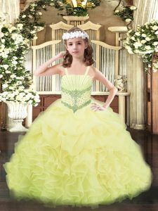 Floor Length Lace Up Pageant Dresses Yellow for Party and Quinceanera with Beading and Ruffles and Pick Ups
