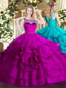 Customized Fuchsia Organza Zipper Scoop Sleeveless Floor Length Quince Ball Gowns Beading and Ruffled Layers