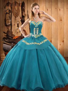 Cute Teal Ball Gowns Sweetheart Sleeveless Tulle Floor Length Lace Up Embroidery Quinceanera Dresses