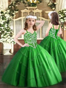 Tulle Sleeveless Floor Length Pageant Gowns For Girls and Beading and Appliques