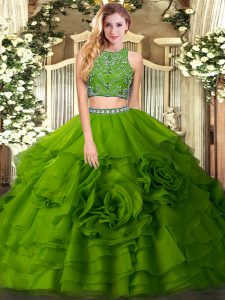 Colorful High-neck Sleeveless Quinceanera Gown Floor Length Beading and Ruffled Layers Olive Green Tulle