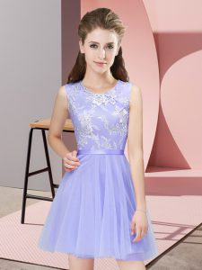 Mini Length Lavender Bridesmaid Gown Tulle Sleeveless Lace