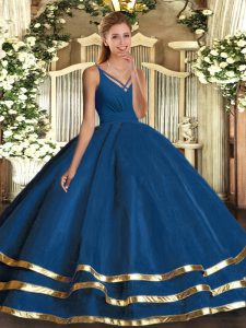 Sophisticated Sleeveless Tulle Floor Length Backless 15th Birthday Dress in Blue with Ruching