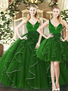Modest Dark Green Sleeveless Floor Length Ruffles Lace Up Vestidos de Quinceanera