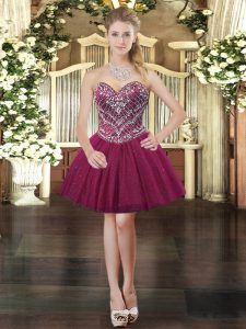Sleeveless Tulle Mini Length Lace Up in Burgundy with Beading