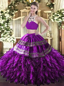 Customized Eggplant Purple Sleeveless Tulle Backless Sweet 16 Quinceanera Dress for Military Ball and Sweet 16 and Quinc