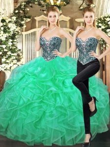 Cheap Sleeveless Tulle Floor Length Lace Up Sweet 16 Dresses in Turquoise with Beading and Ruffles