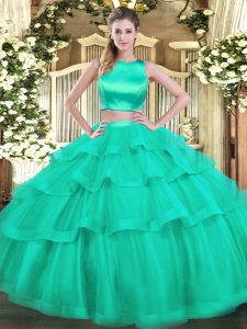 Latest Turquoise Sleeveless Tulle Criss Cross Quinceanera Gowns for Military Ball and Sweet 16 and Quinceanera
