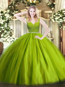 Olive Green Ball Gowns V-neck Sleeveless Tulle Floor Length Zipper Beading Sweet 16 Dress