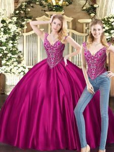 Admirable Fuchsia Tulle Lace Up Ball Gown Prom Dress Sleeveless Floor Length Beading