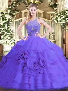 Edgy Floor Length Purple 15 Quinceanera Dress Halter Top Sleeveless Zipper