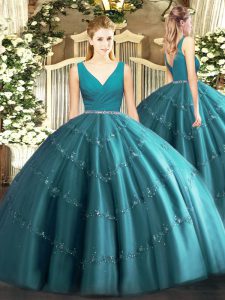 Edgy Teal Ball Gowns Tulle V-neck Sleeveless Beading Floor Length Zipper Quince Ball Gowns