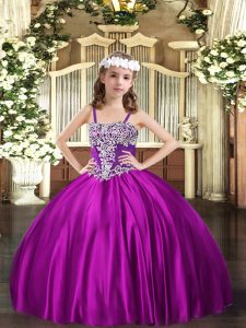 Sleeveless Satin Floor Length Lace Up Little Girl Pageant Gowns in Fuchsia with Appliques