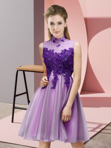 Shining Lilac Empire Appliques Bridesmaid Dresses Lace Up Tulle Sleeveless Knee Length