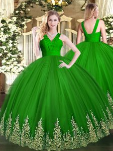 Green V-neck Zipper Appliques Quinceanera Dresses Sleeveless
