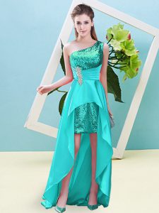 Aqua Blue Prom Party Dress Prom and Party with Beading and Sequins One Shoulder Sleeveless Lace Up