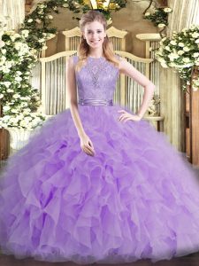Floor Length Backless Sweet 16 Dresses Lavender for Military Ball and Sweet 16 and Quinceanera with Beading and Ruffles