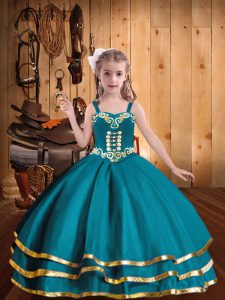 Ball Gowns Kids Pageant Dress Teal Straps Organza Sleeveless Floor Length Lace Up