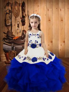 Wonderful Royal Blue Sleeveless Floor Length Embroidery and Ruffles Lace Up Girls Pageant Dresses