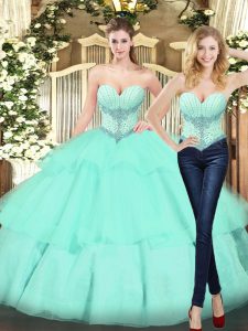 Apple Green Sleeveless Floor Length Beading and Ruffled Layers Lace Up Quinceanera Dress