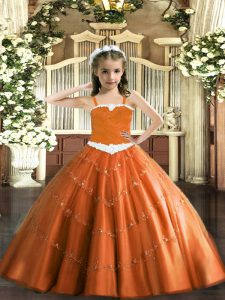 Modern Rust Red Tulle Lace Up Little Girls Pageant Dress Wholesale Sleeveless Floor Length Appliques