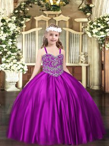 Perfect Straps Sleeveless Little Girls Pageant Gowns Floor Length Beading Purple Satin
