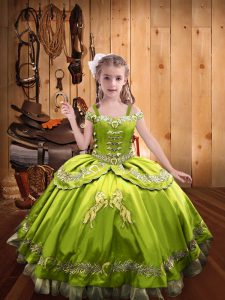 Sleeveless Satin Floor Length Lace Up Kids Pageant Dress in Yellow Green with Beading and Embroidery