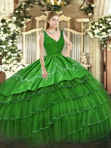 Cheap V-neck Sleeveless Backless Sweet 16 Dress Green Organza and Taffeta