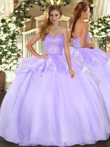 Modest Floor Length Lavender Quince Ball Gowns Organza Sleeveless Beading and Ruffles
