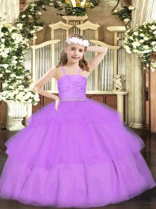 Lavender Zipper Kids Pageant Dress Beading and Lace Sleeveless Floor Length